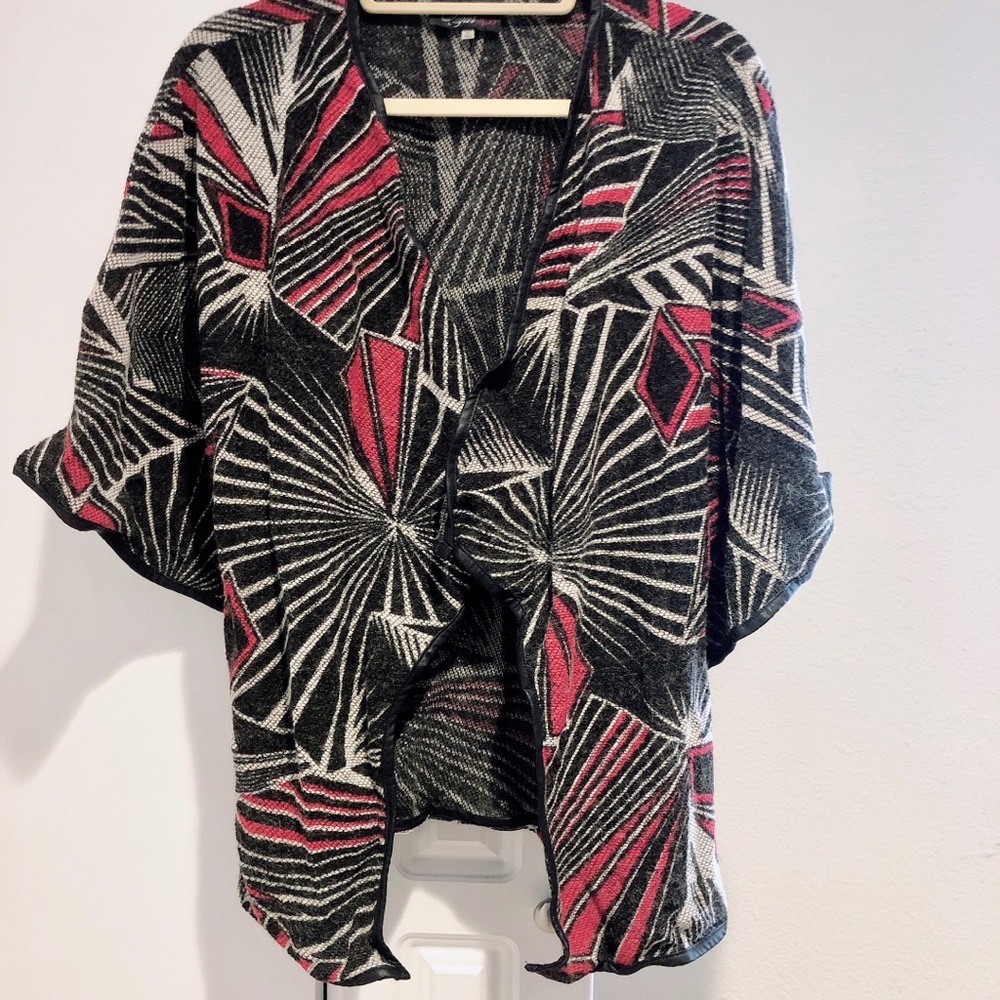 Cute Poncho Style Black and Red Faux Leather Trim and belted Cardigan sz L